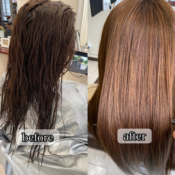 髪が重たくて、多くてボリュームがでて困っているクセがあって、髪を梳かれしまっている状態のロングヘアのお客様を髪質改善縮毛矯正で艶髪。【大阪・南大阪・堺・和泉・高石・泉大津】