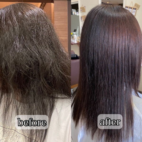 髪が重たくて、多くてボリュームがでて困っているクセがあって、髪を梳かれしまっている状態のお客様を髪質改善縮毛矯正で艶髪。【大阪・南大阪・堺・和泉・高石・泉大津】