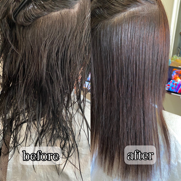 髪が重たくて、多くてボリュームがでて困っているクセがあって、髪を梳かれしまっている状態のお客様を髪質改善縮毛矯正で艶髪。【大阪・南大阪・堺・和泉・高石・泉大津】